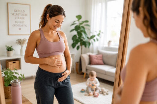 Junge Mutter arbeitet nach der Geburt an einem flachen Bauch durch Rückbildung und gesunde Ernährung