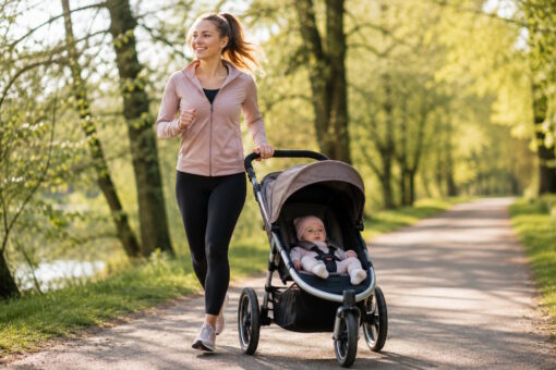 Junge Mutter joggt nach der Geburt mit Kinderwagen im Park und verbessert Fitness und Ausdauer.